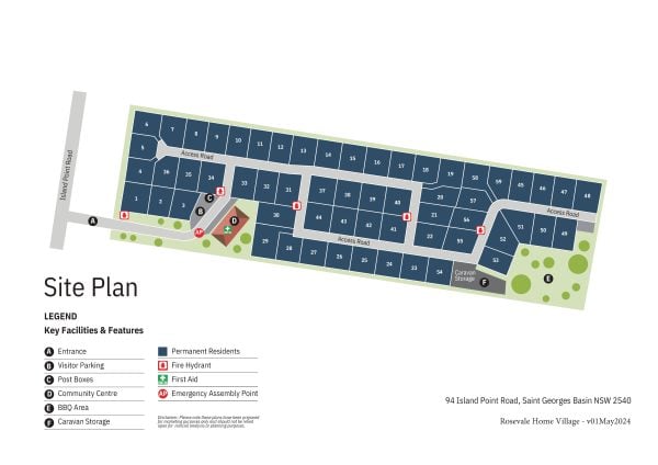 Site plan map of Rosevale Home Village showing numbered plots, roads, green areas, caravan storage, BBQ area, visitor parking, post boxes, community centre, fire hydrants, and emergency assembly points with a key and address at the bottom.