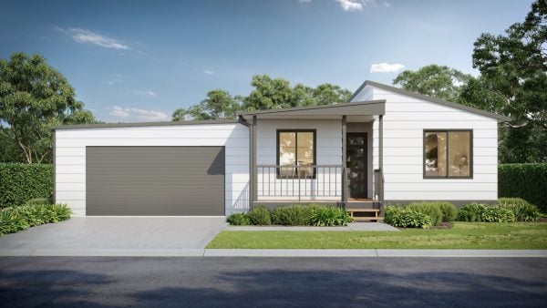 Modern single-storey house on Lot 35 with white cladding, a small front porch, two windows, and a large grey garage door, surrounded by green bushes and trees under a blue sky. A charming Francis property.