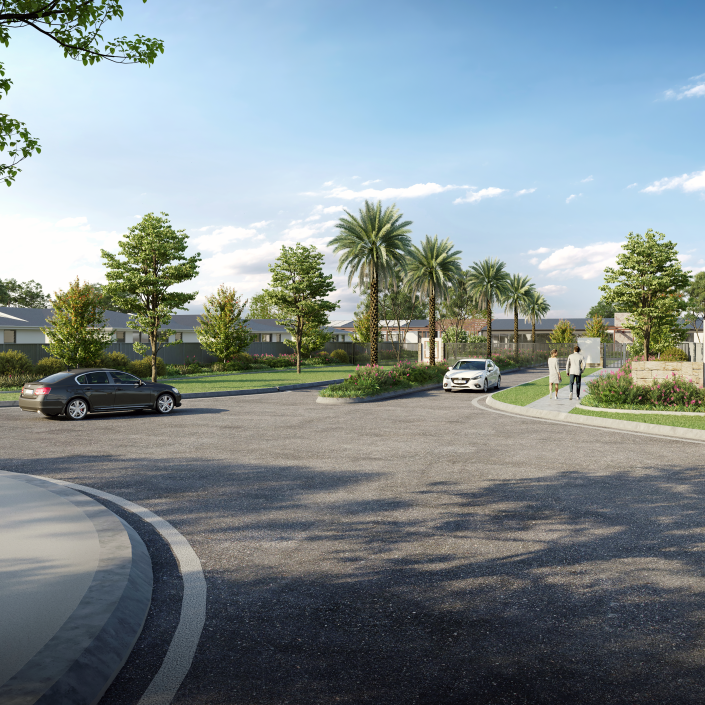 A sunny entrance to Lincoln Lifestyle Northern Beaches, an over-50s land lease community in Townsville, with two cars, palm trees, landscaped greenery, and modern single-storey houses in the background.