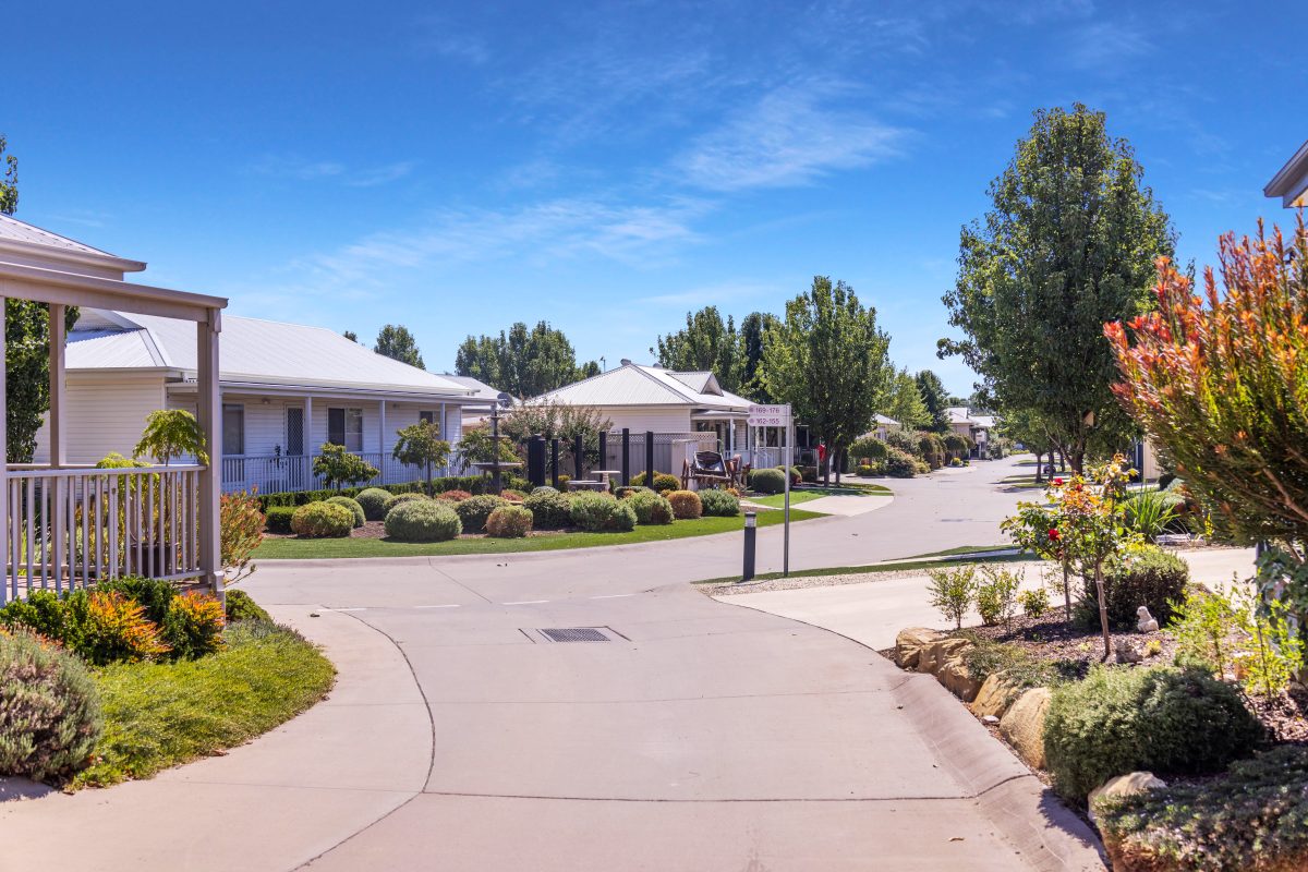 A quiet suburban street with neatly maintained single-storey houses, well-kept lawns, shrubs, and trees under a clear blue sky on a sunny Stage 9 Launch day.