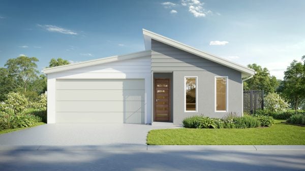 Modern single-storey house with an angled roof, double garage, wooden front door, and large windows sits on a neat green lawn in a Land Lease Community near Townsville, with trees and shrubs under a blue sky—perfect for Over 50s living.
